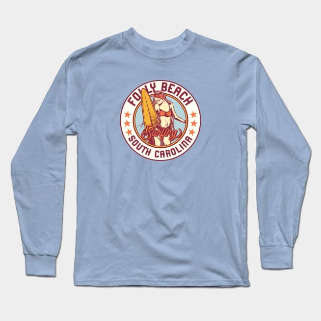 Vintage Surfing Badge for Folly Beach, South Carolina Long Sleeve T-Shirt by SLAG_Creative